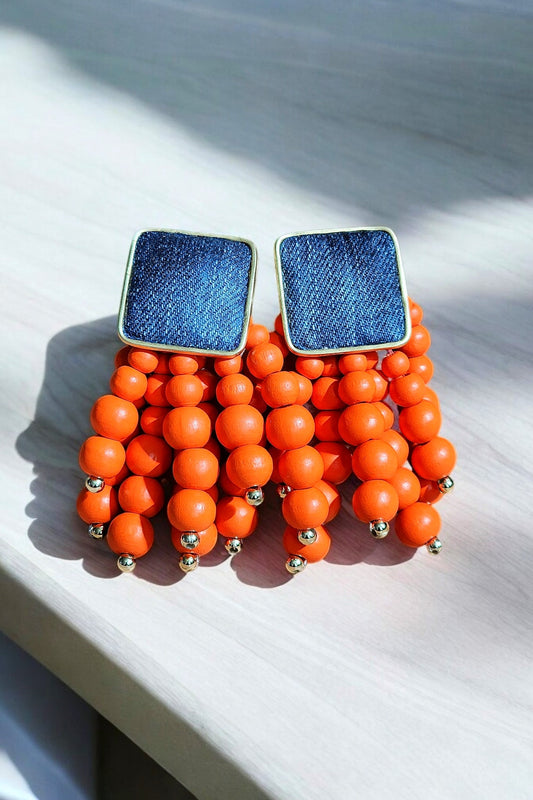 Denim Square Stud Bead Tassel Earrings- Gold plated Jean Tangerine