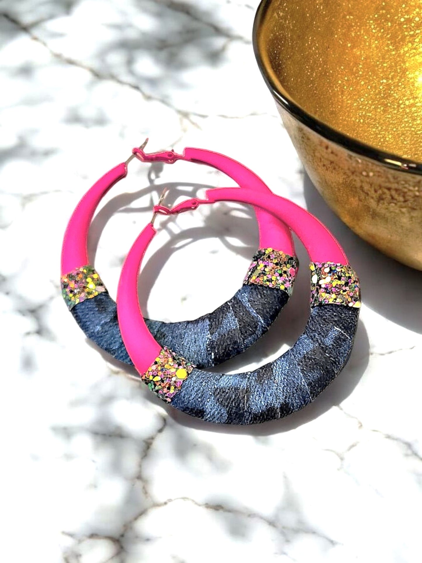 Denim Earrings- LARGE Round hoop jean Punk Pink sparkle earrings