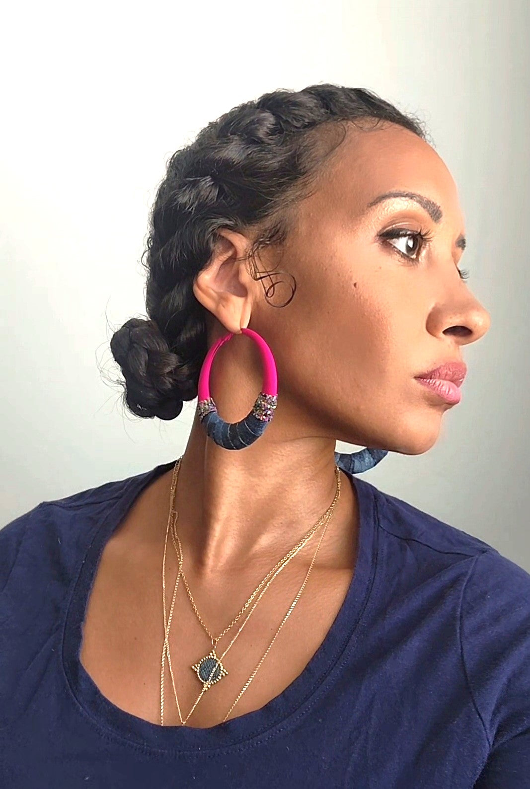 Denim Earrings- LARGE Round hoop jean Punk Pink sparkle earrings