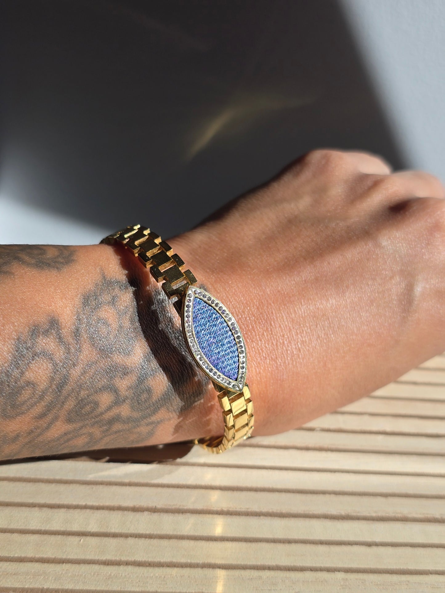 Denim Bracelet- Stainless steel 18K Gold rhinestone NFL jean link cuff bracelet