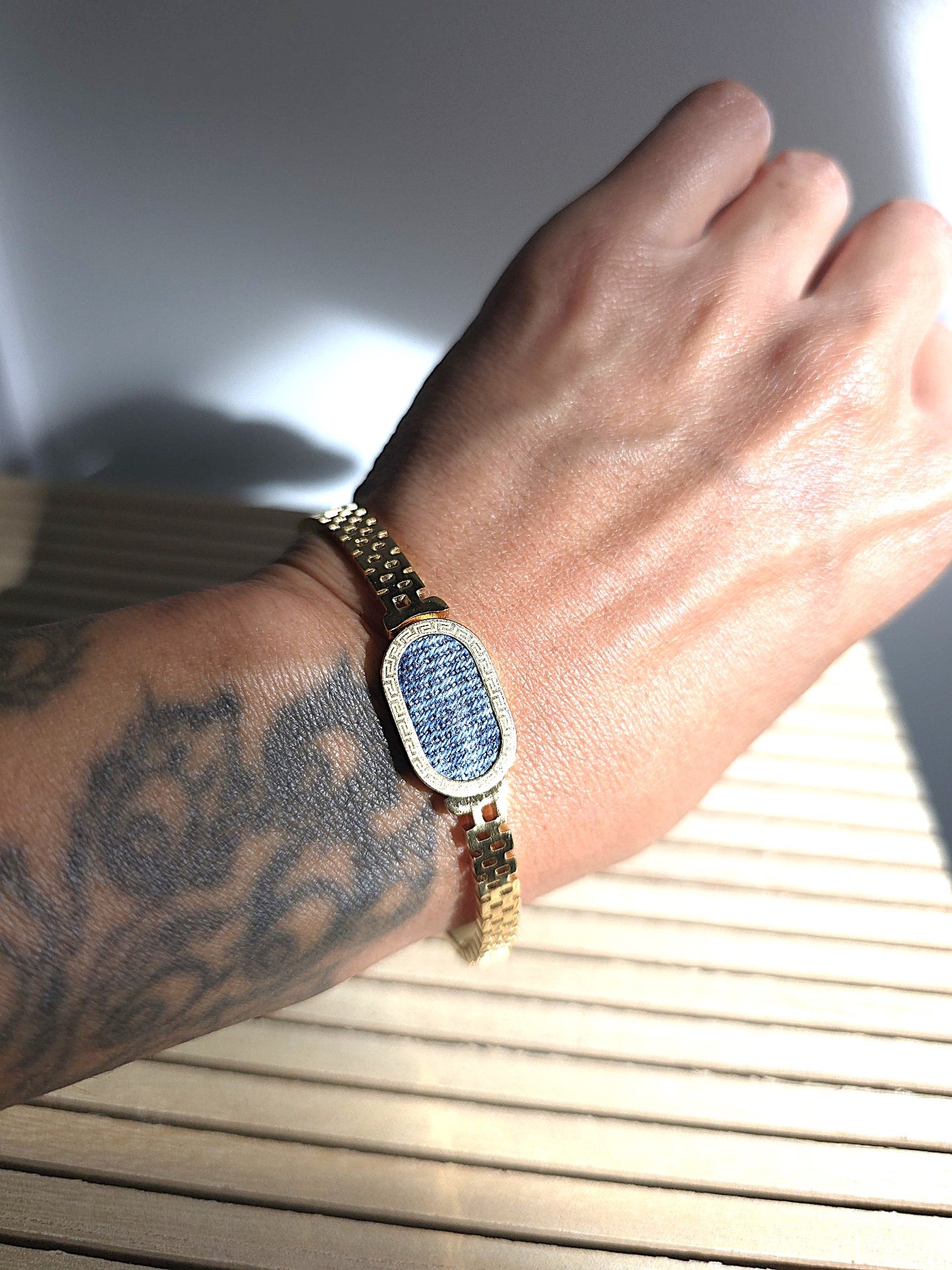 Denim Bracelet- Stainless steel 18K Gold oval jean link cuff bracelet