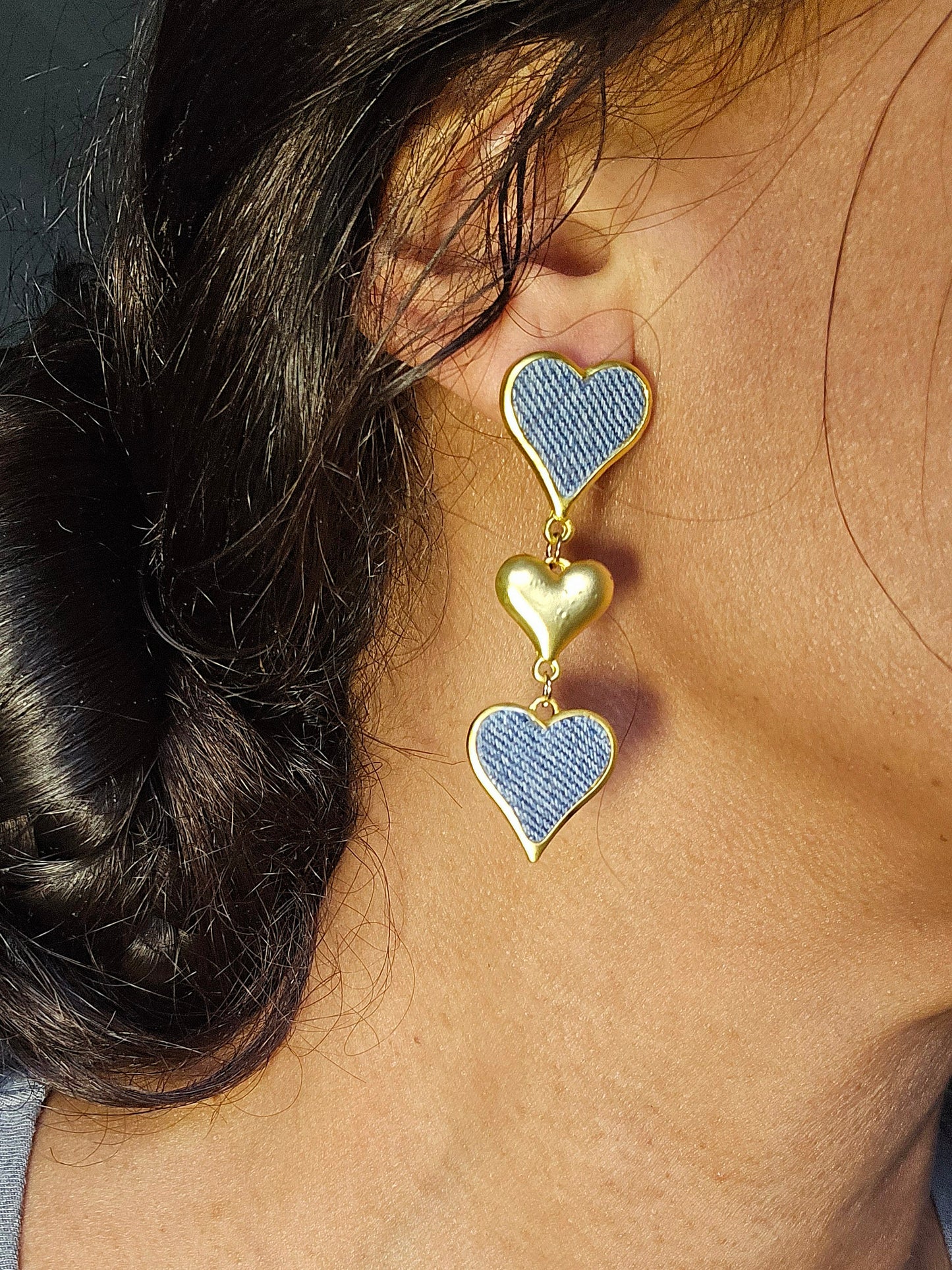 Denim Earrings- 3 tier heart dangle post pendant gold plated Jean