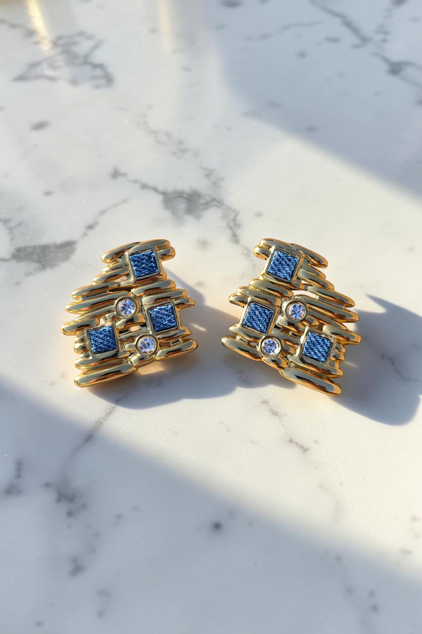 Denim Stud Earrings- 18k gold stainless steel stacked Jean crystal earrings