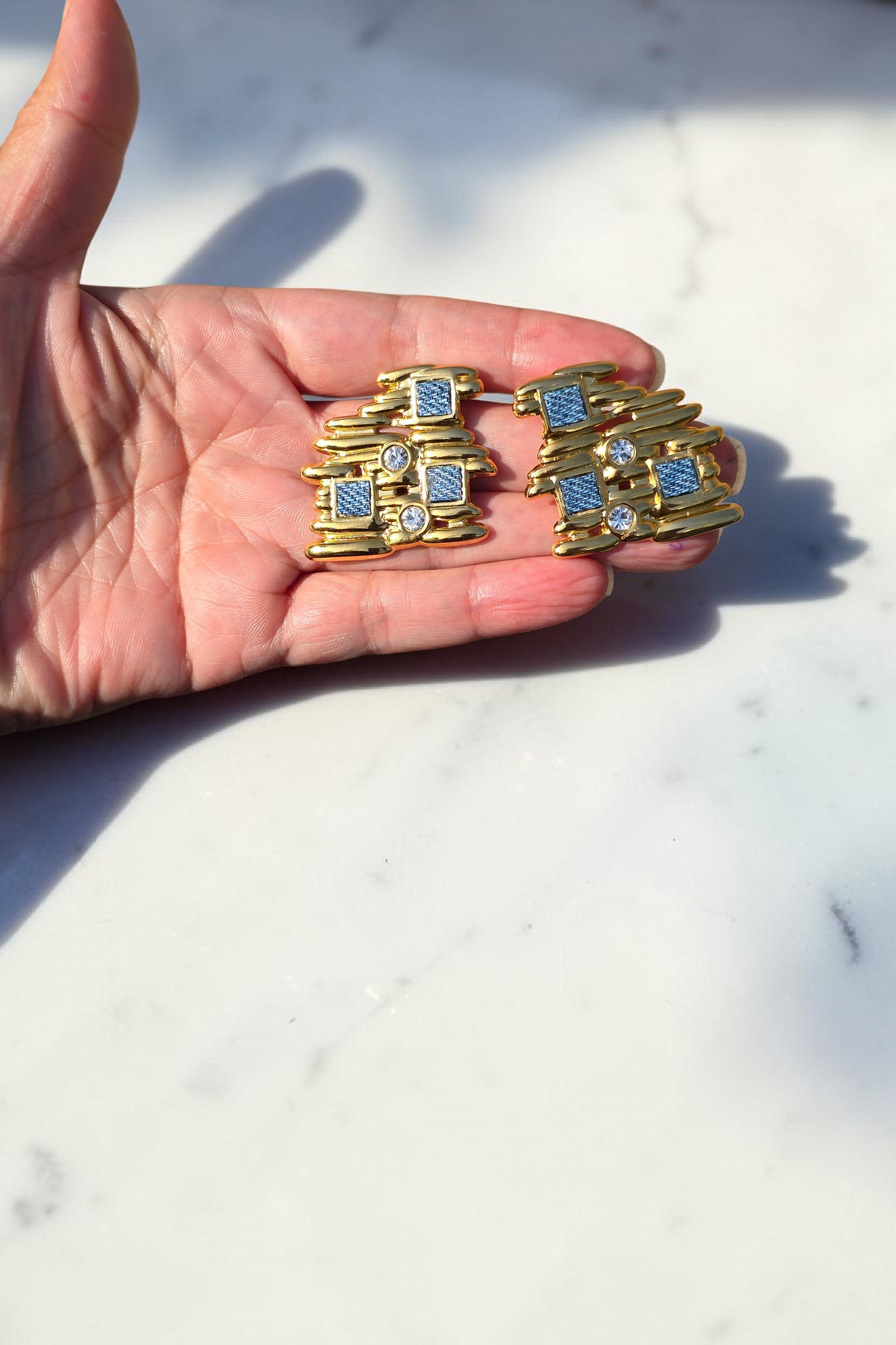 Denim Stud Earrings- 18k gold stainless steel stacked Jean crystal earrings