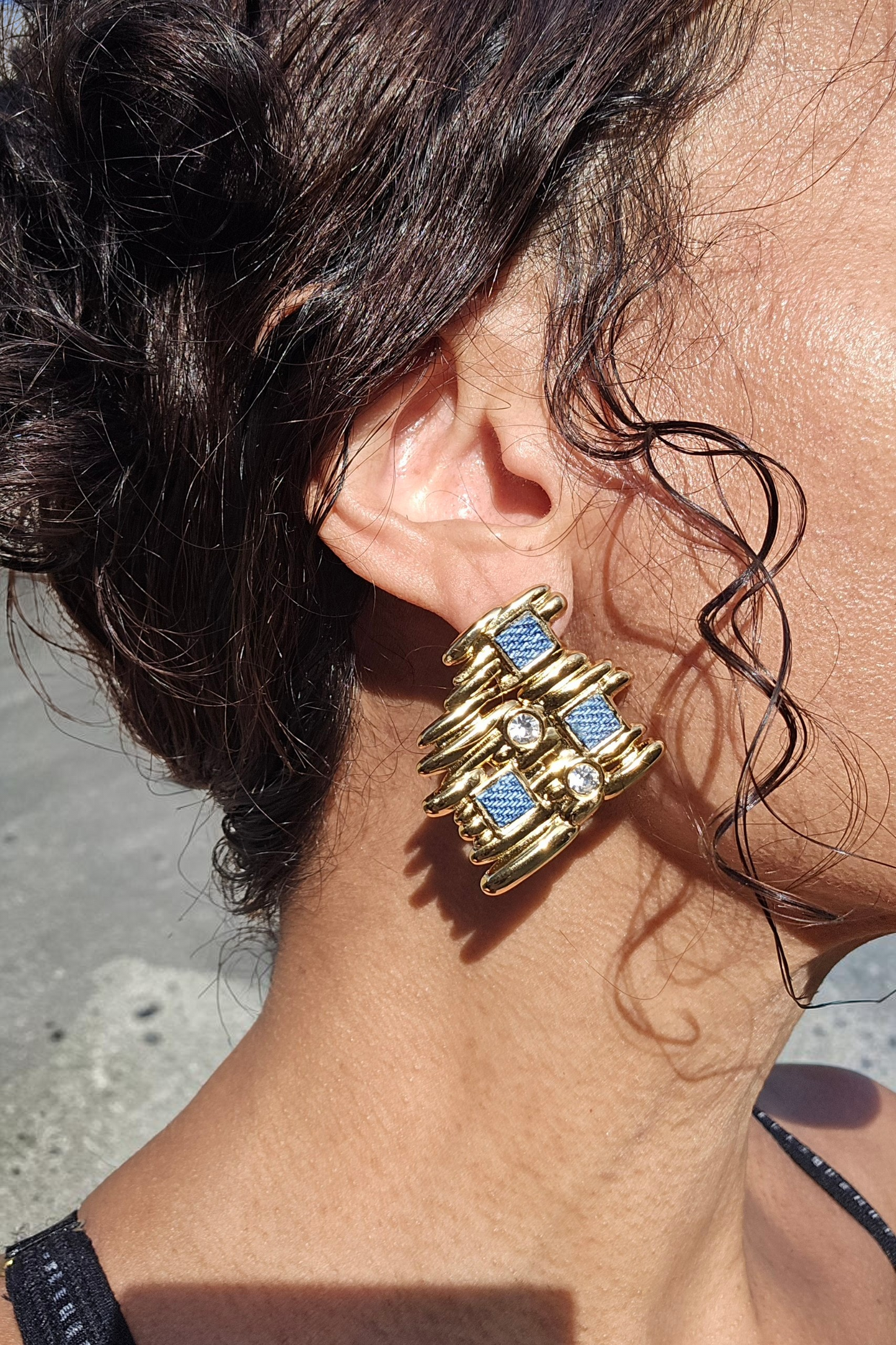 Denim Stud Earrings- 18k gold stainless steel stacked Jean crystal earrings