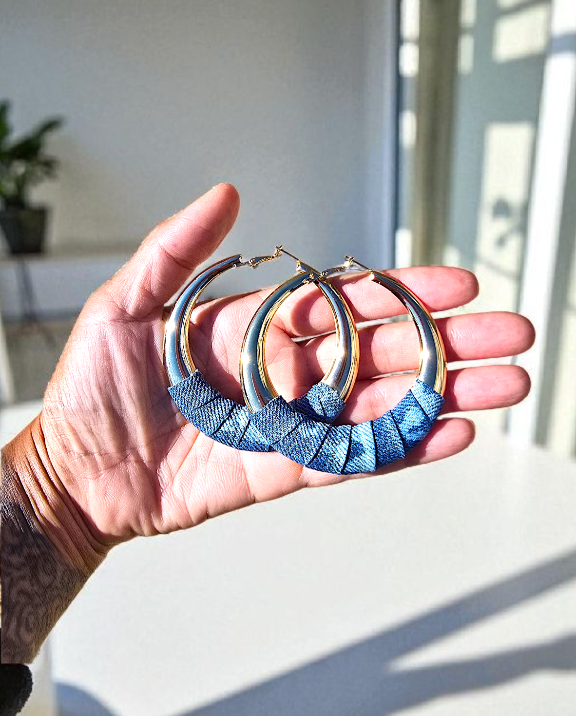 Denim Earrings- LARGE Round hoop jean earrings