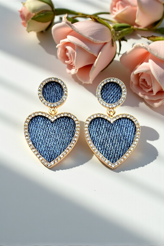 Denim Earrings- Rhinestons heart dangle post pendant gold plated Jean
