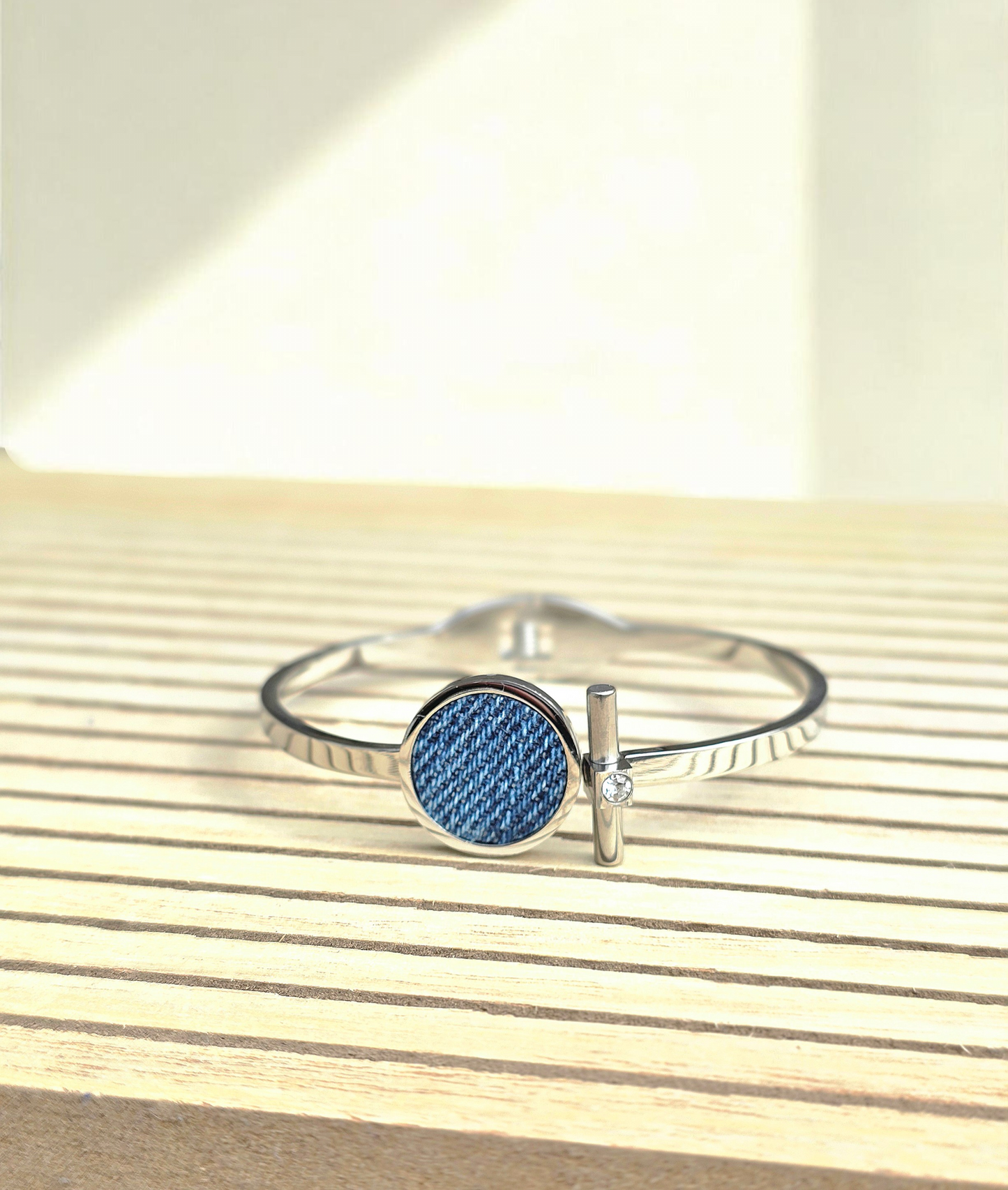 Denim Bracelet- Stainless steel jean T band cuff crystal