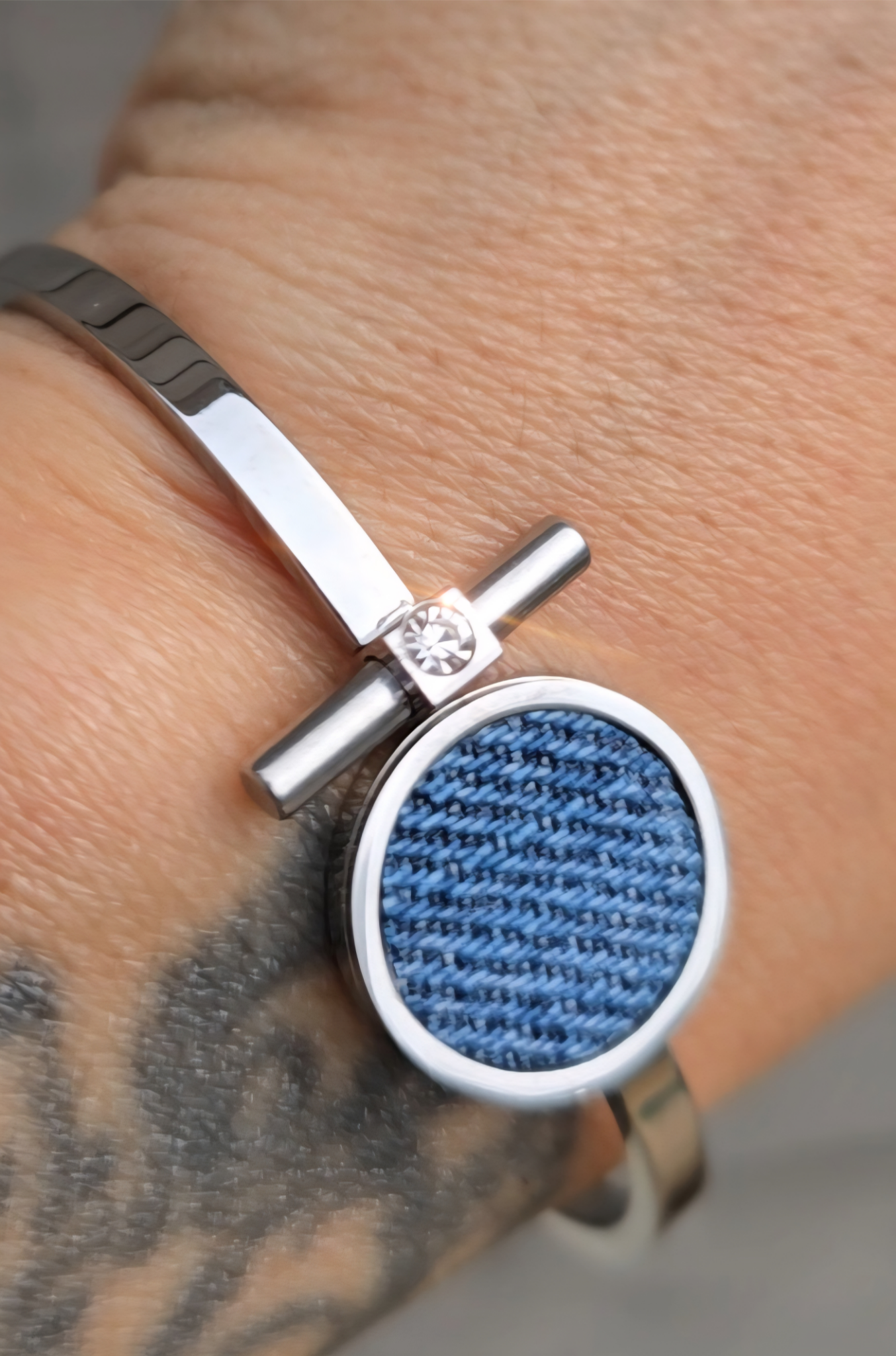 Denim Bracelet- Stainless steel jean T band cuff crystal