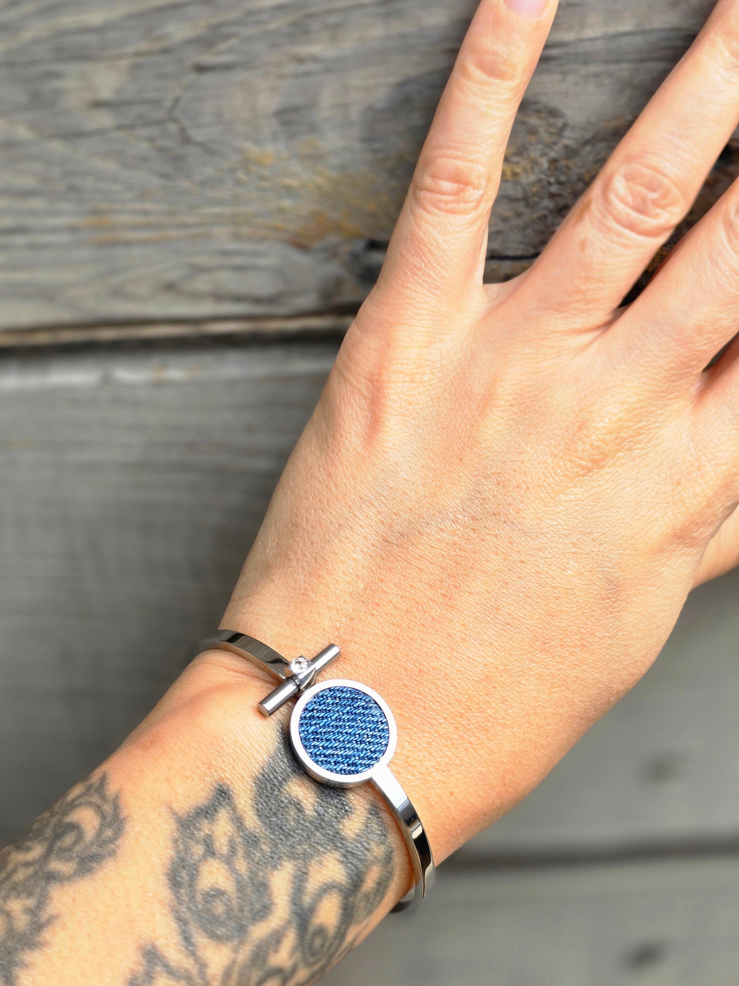 Denim Bracelet- Stainless steel jean T band cuff crystal