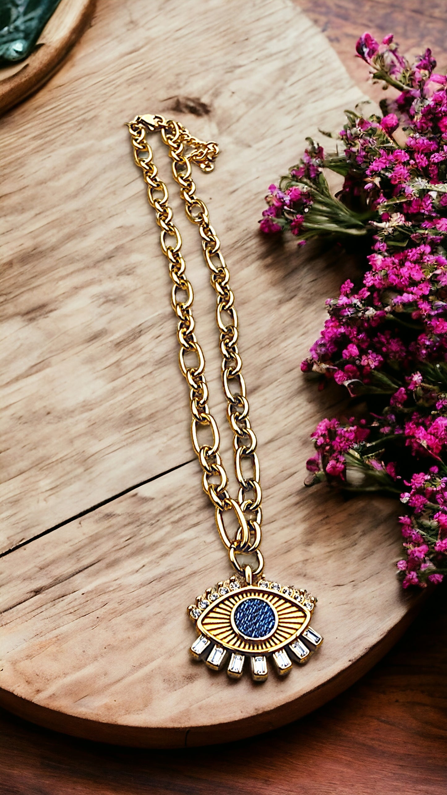 Denim Jean Necklace-  Cable link 18k Gold choker chain w Crystal eye pendant