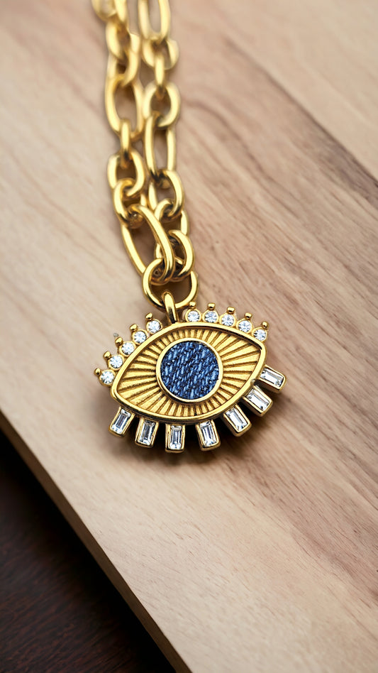 Denim Jean Necklace-  Cable link 18k Gold choker chain w Crystal eye pendant