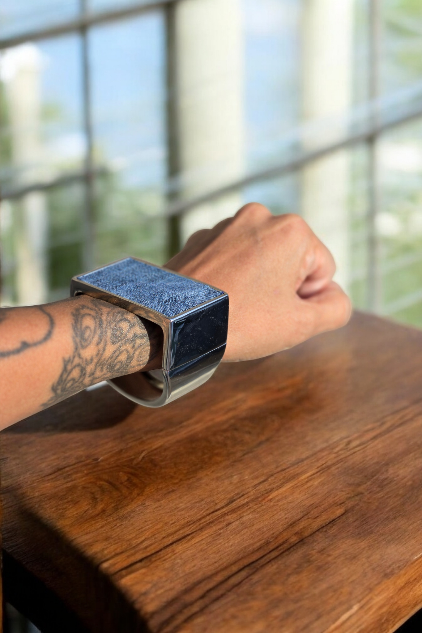 Denim Bracelet- Oversized plated rectangle jean cuff bracelet