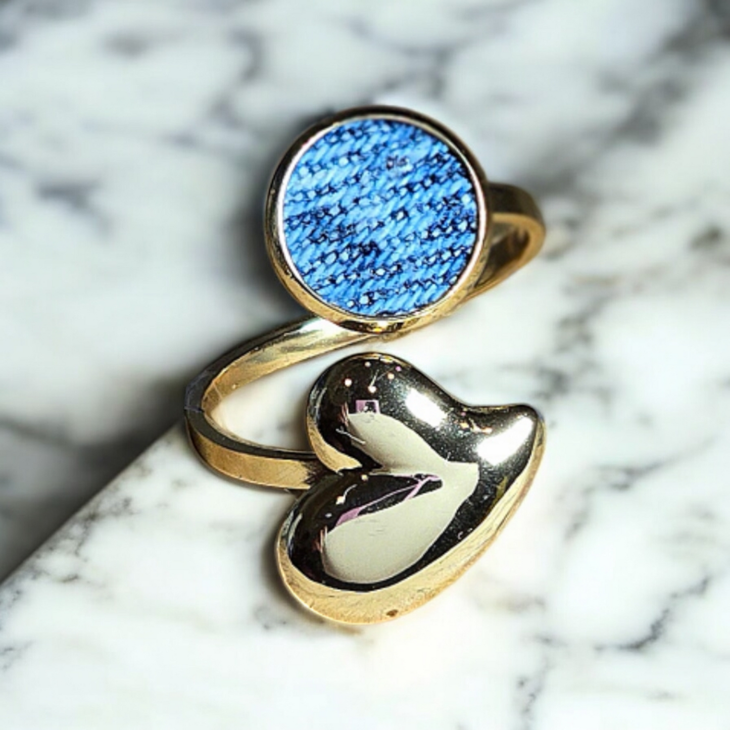 Denim Ring- round heart Gold stainless steel adjustable finger Jean Ring