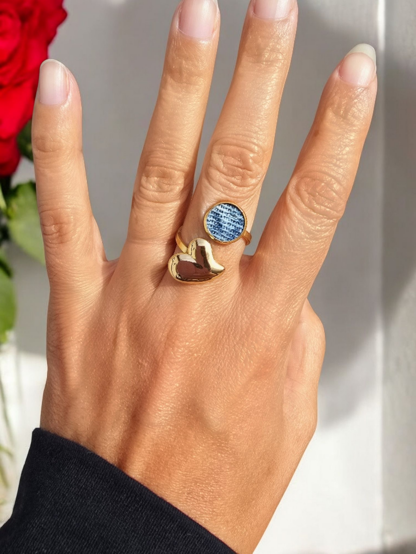 Denim Ring- round heart Gold stainless steel adjustable finger Jean Ring