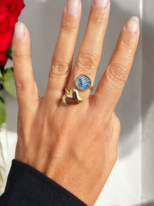 Denim Ring- round heart Gold stainless steel adjustable finger Jean Ring