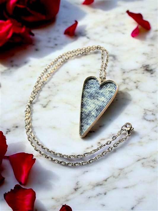 Denim Necklace- Silver plated long heart Denim Pendant chain