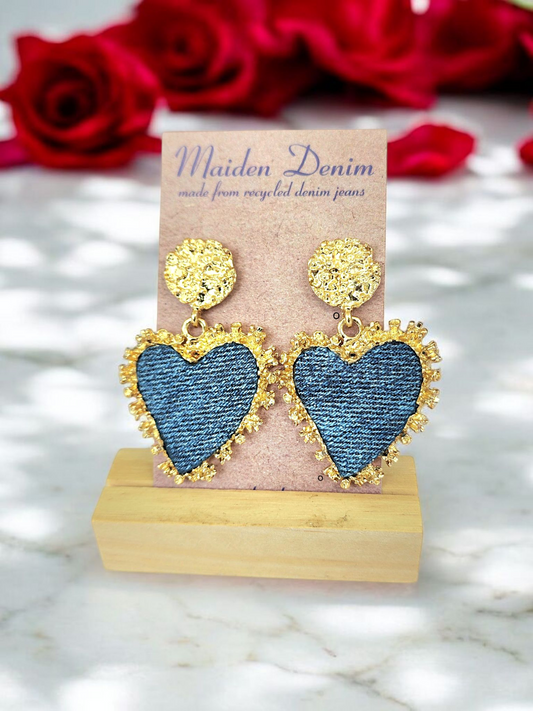 Denim Earrings- textured heart dangle post pendant gold plated Jean