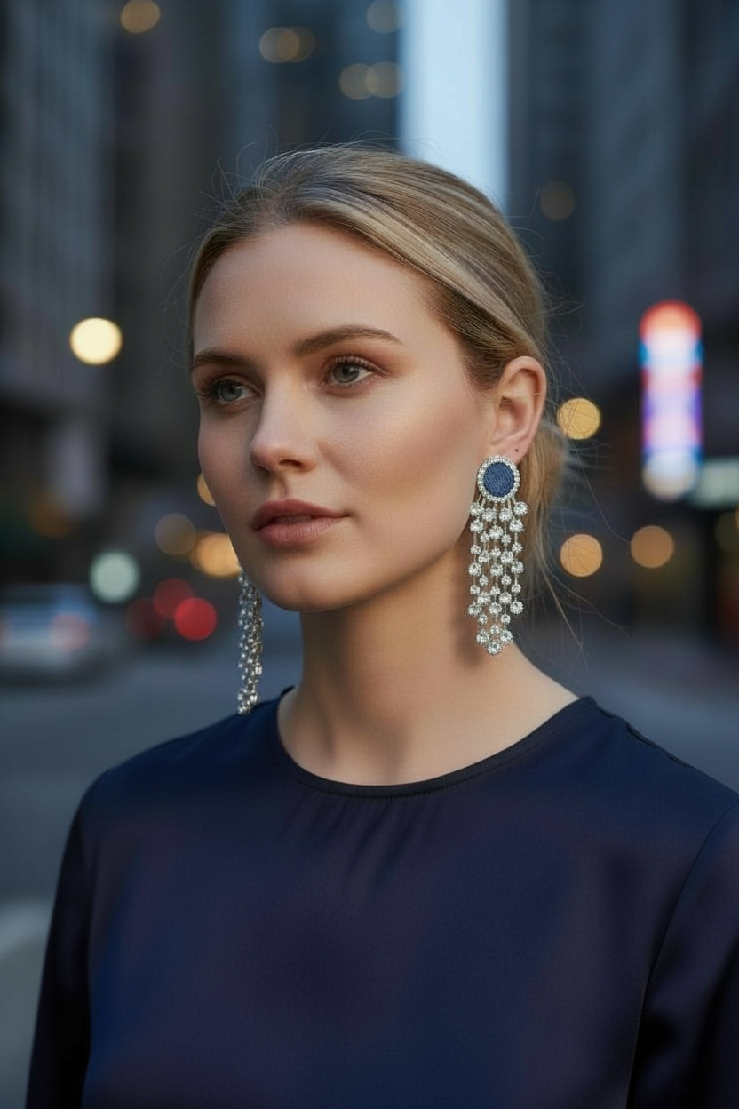 Denim jean round rhinestone post Tassel Earrings