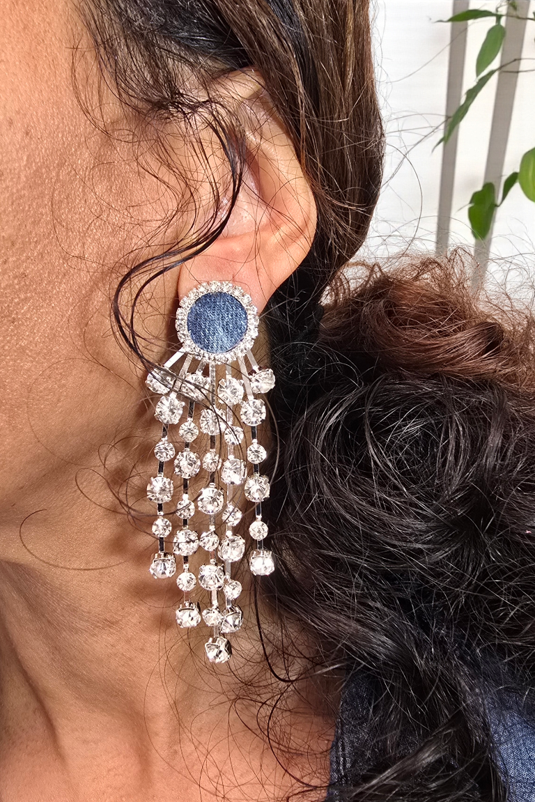 Denim jean round rhinestone post Tassel Earrings