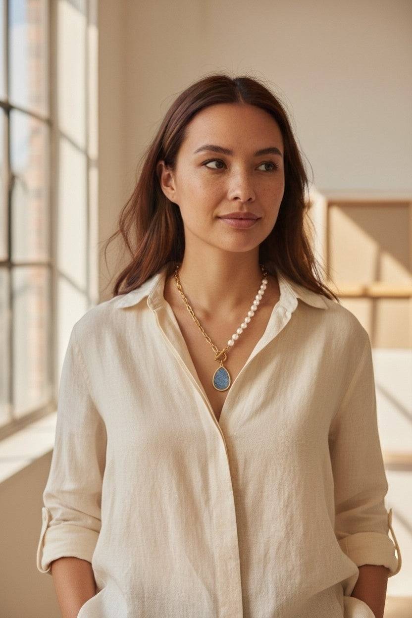 Denim Jean Necklace- Simulated pearl and dapped cable 18k Gold choker chain w tear drop pendant