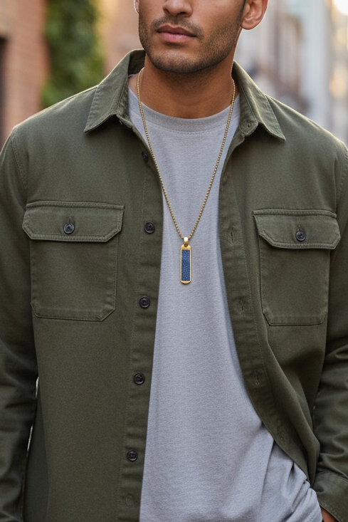 Denim Necklace- Masculine 18K gold plated Stainless steel vertical rectangle Denim Pendant chain