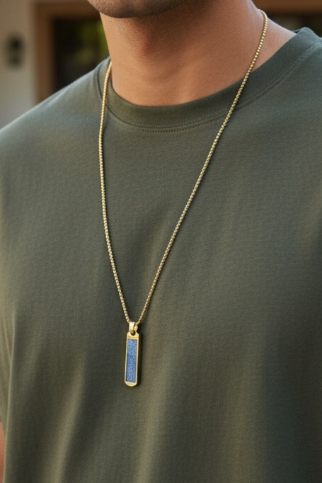Denim Necklace- Masculine 18K gold plated Stainless steel vertical rectangle Denim Pendant chain