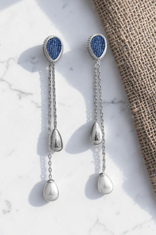 Denim tassel Earrings- Stainless drop pearl stud Jean