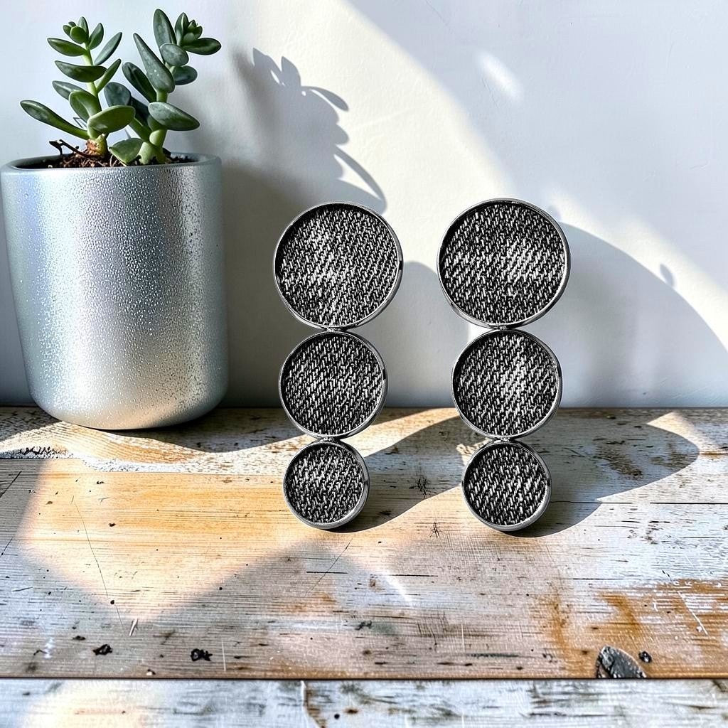 Denim Earrings- SEASONAL Black Round triple disc stud jean
