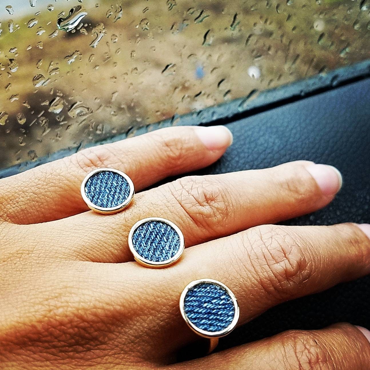 Denim Ring- 10 mm triple round 2 finger gold plated finger Jean  Ring
