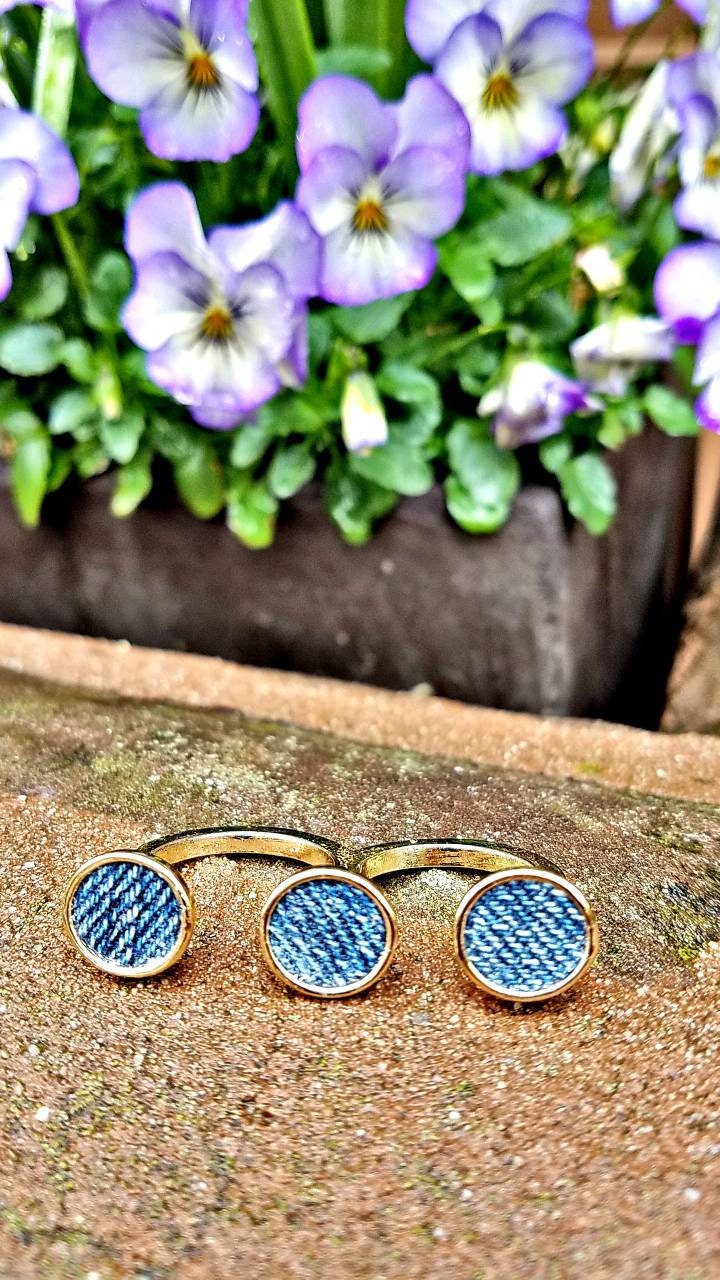 Denim Ring- 10 mm triple round 2 finger gold plated finger Jean  Ring