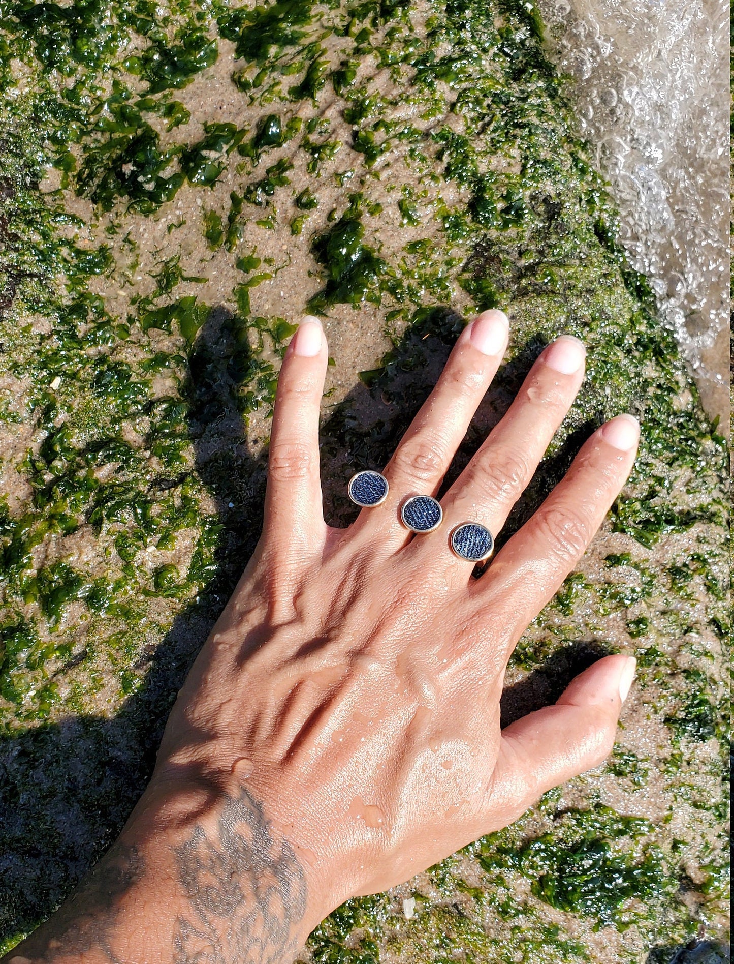 Denim Ring- 10 mm triple round 2 finger gold plated finger Jean  Ring