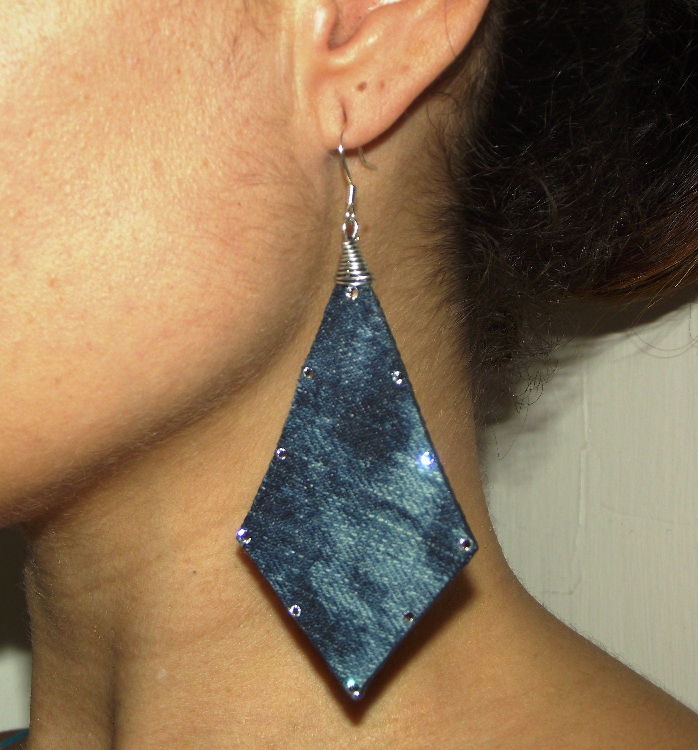 Denim Earrings- Couture Bleached Washed Jeans Arrow Triangle Crystal