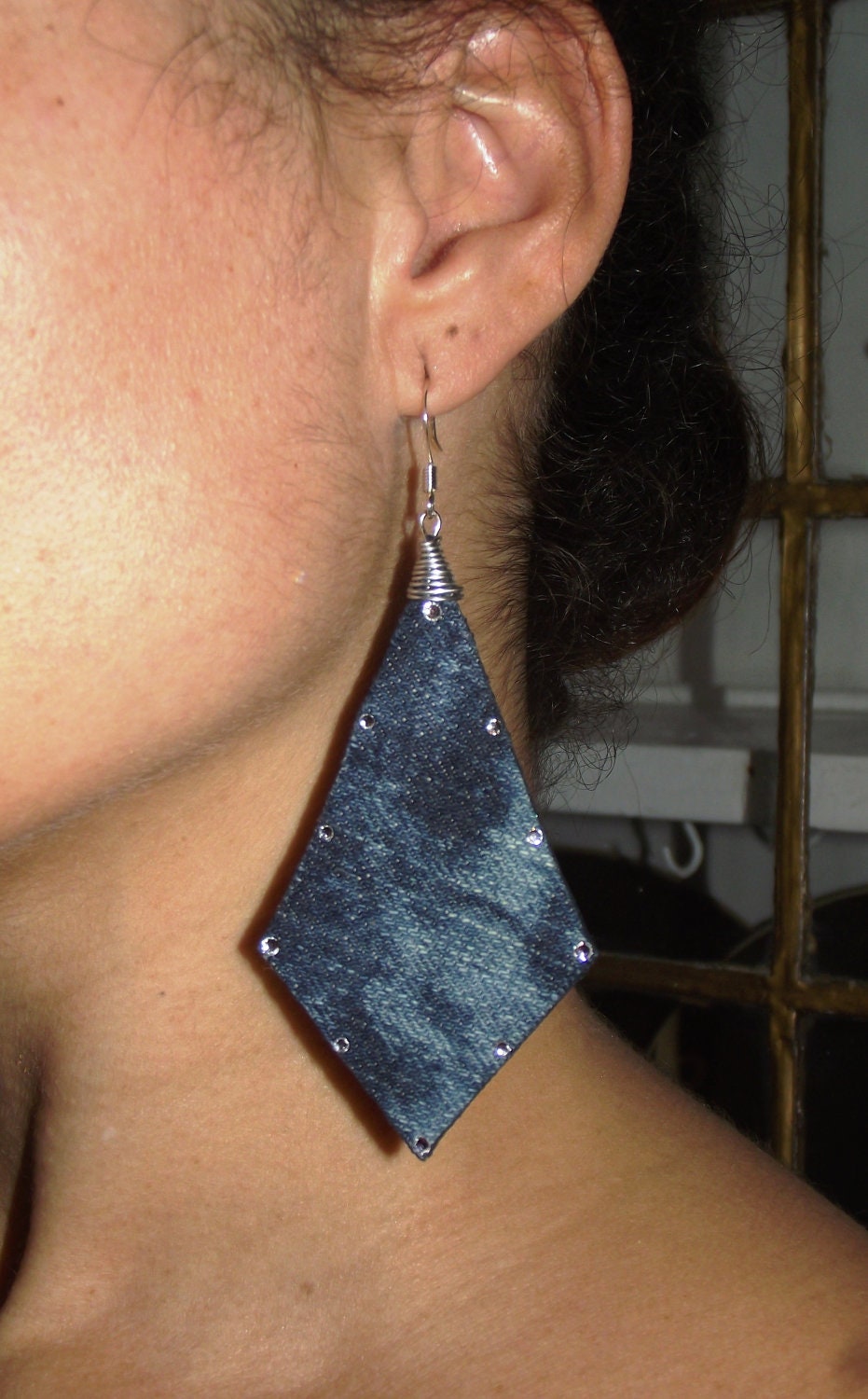 Denim Earrings- Couture Bleached Washed Jeans Arrow Triangle Crystal