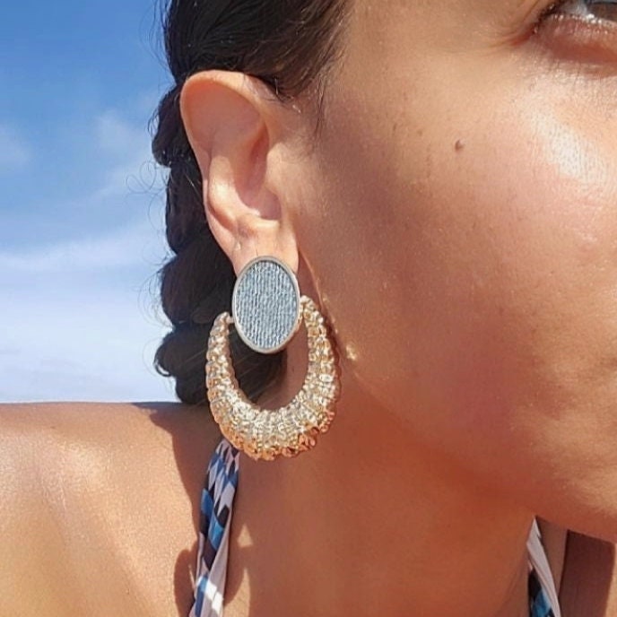 Denim Oval Stud Earrings- Doorknocker Gold plated Jean earrings