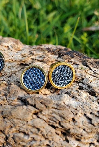 Denim Earrings- Bold Round 8mm Pendant Jean Stud