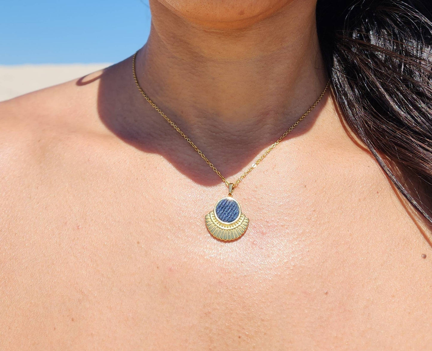 Denim Necklace- Stainless steel gold round Denim fan Pendant thin chain choker