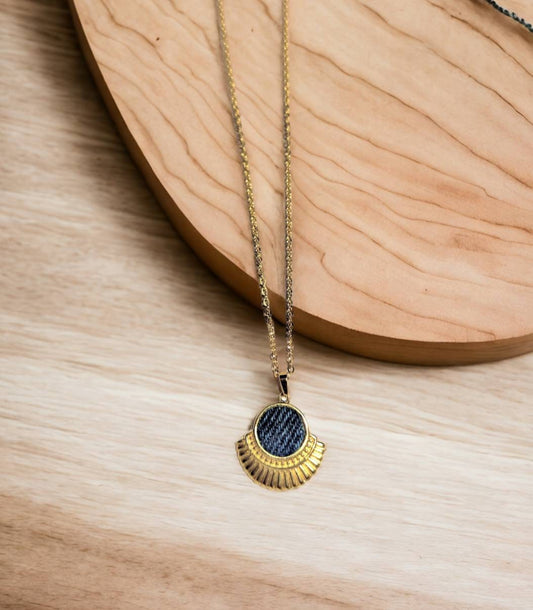 Denim Necklace- Stainless steel gold round Denim fan Pendant thin chain choker