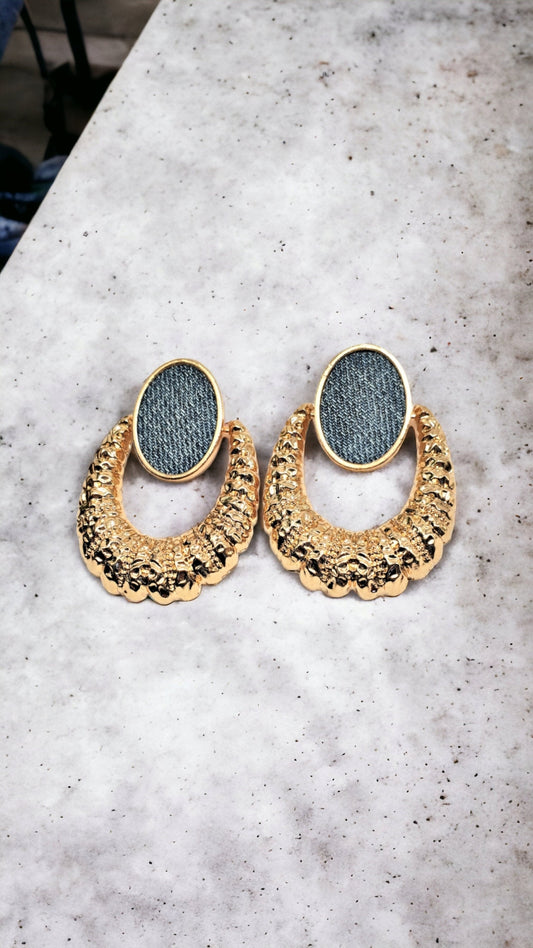 Denim Oval Stud Earrings- Doorknocker Gold plated Jean earrings