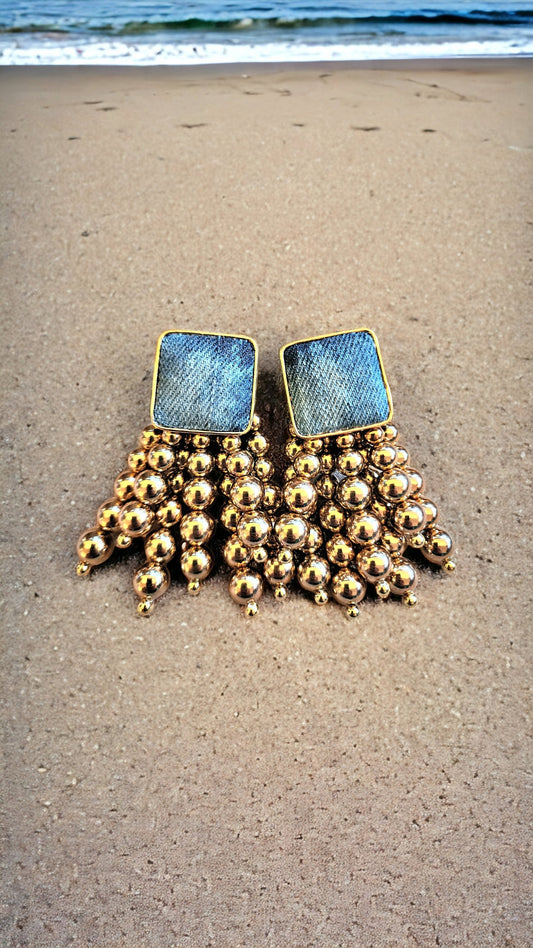 Denim Square Stud Bead Tassel Earrings- Gold plated Jean GOLDEN