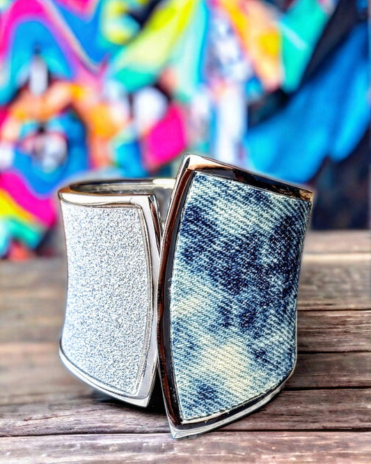 Denim Bracelet- Silver plated glitter acid washed jean cuff bracelet