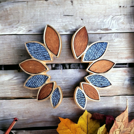 Denim Stud Earrings- Leaf wreath Gold and wood Jean earrings