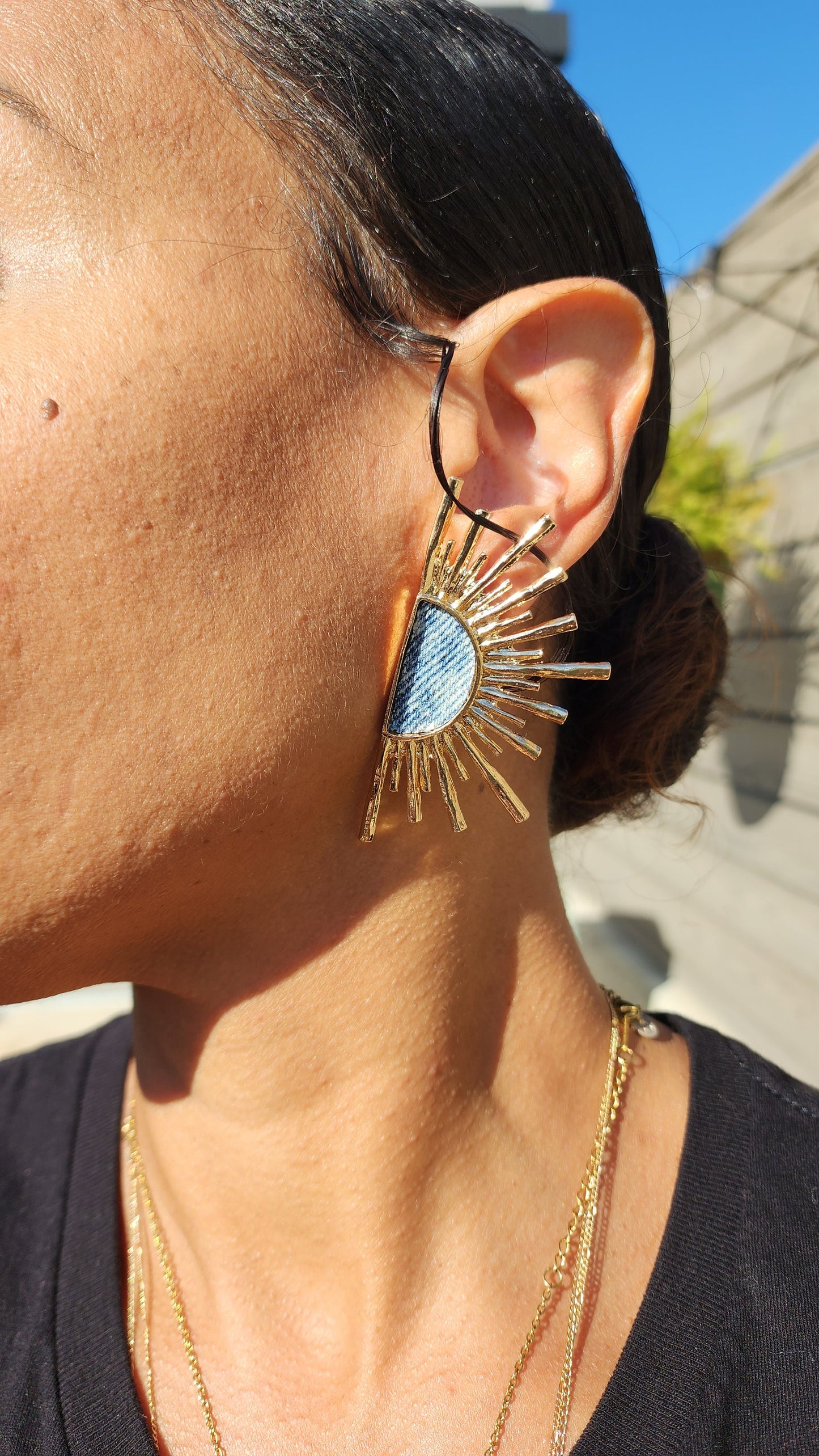 Denim Stud Earrings- GOLD plated acid washed Jean Sunray earrings