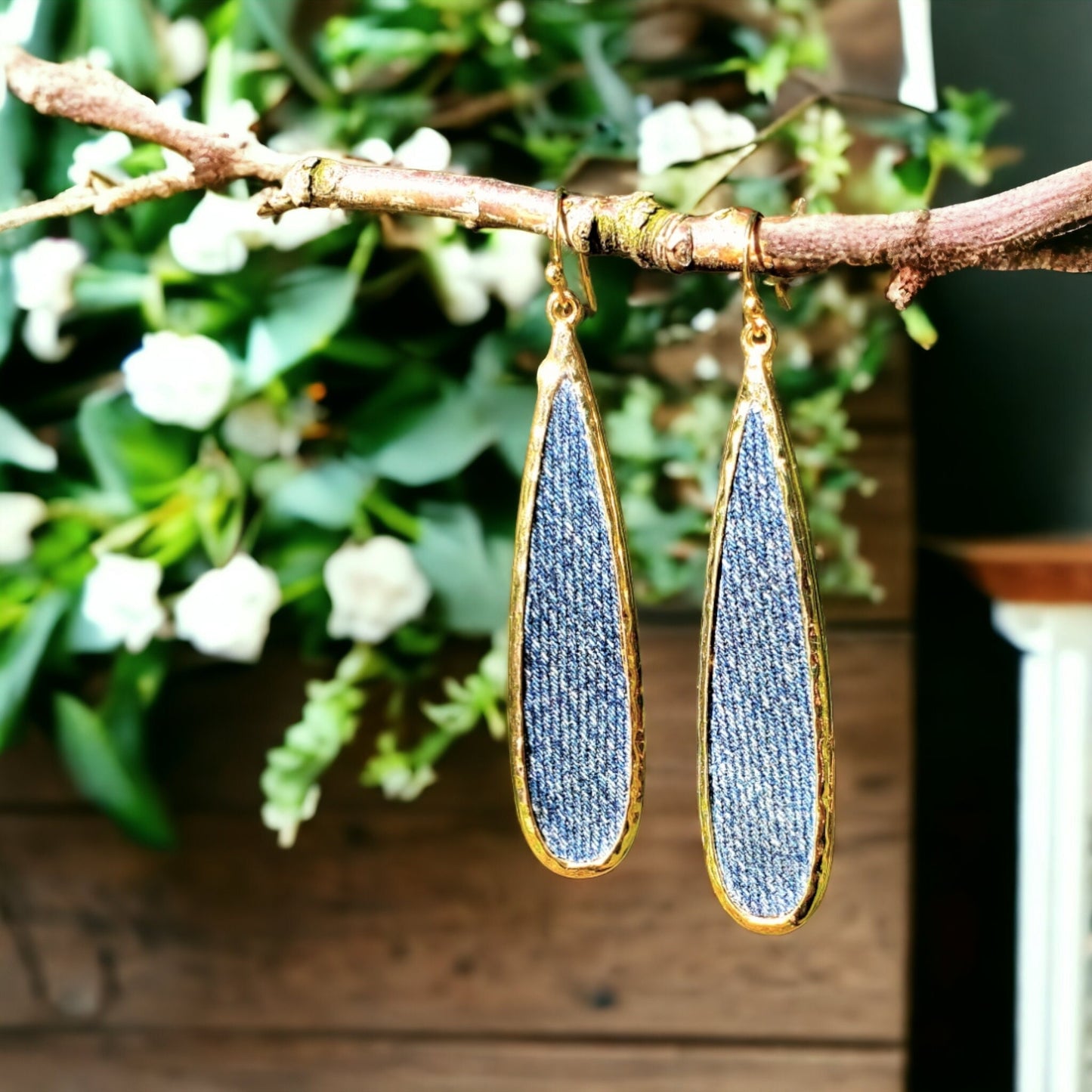 Long Gold Drop Denim Jean Earrings