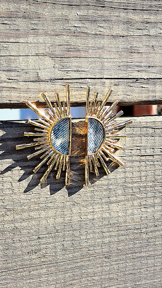 Denim Stud Earrings- GOLD plated acid washed Jean Sunray earrings