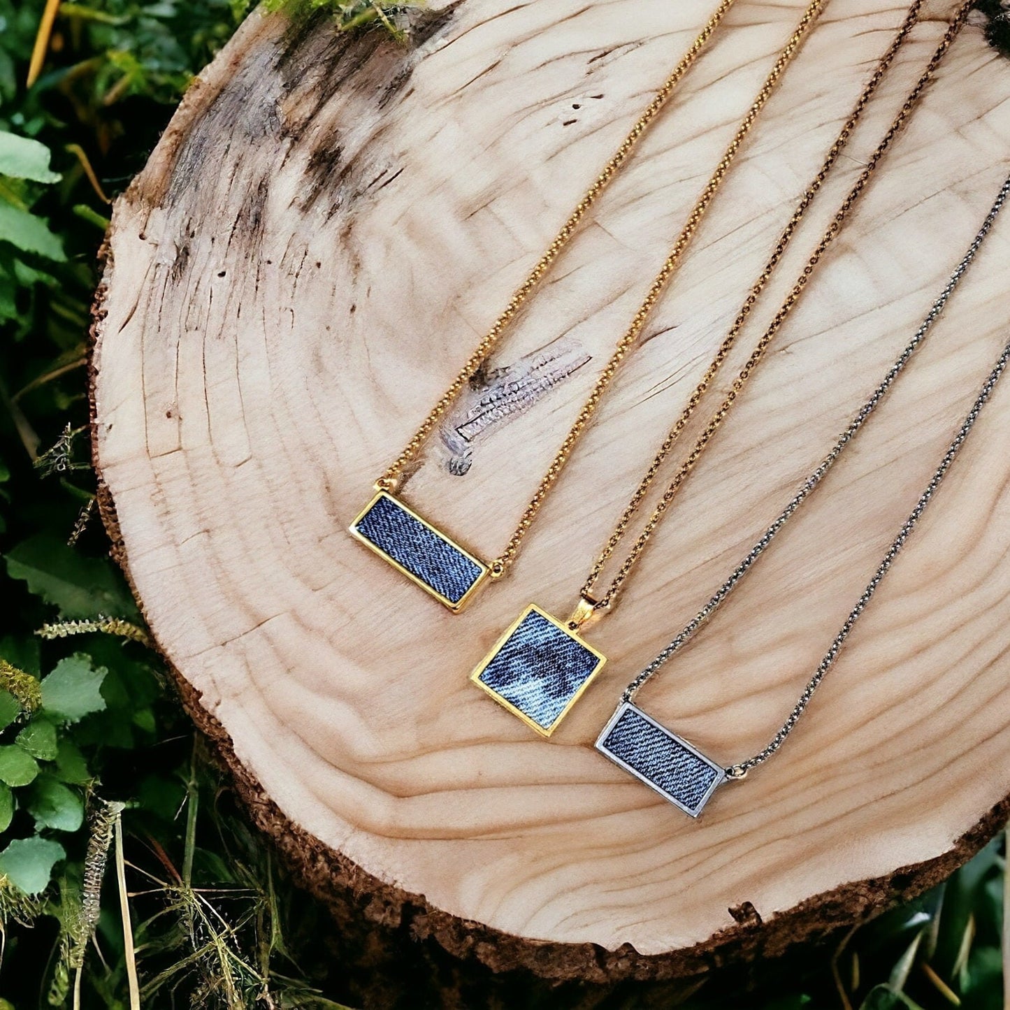 Denim Necklace- Stainless steel Gold Square acid wash Denim Pendant