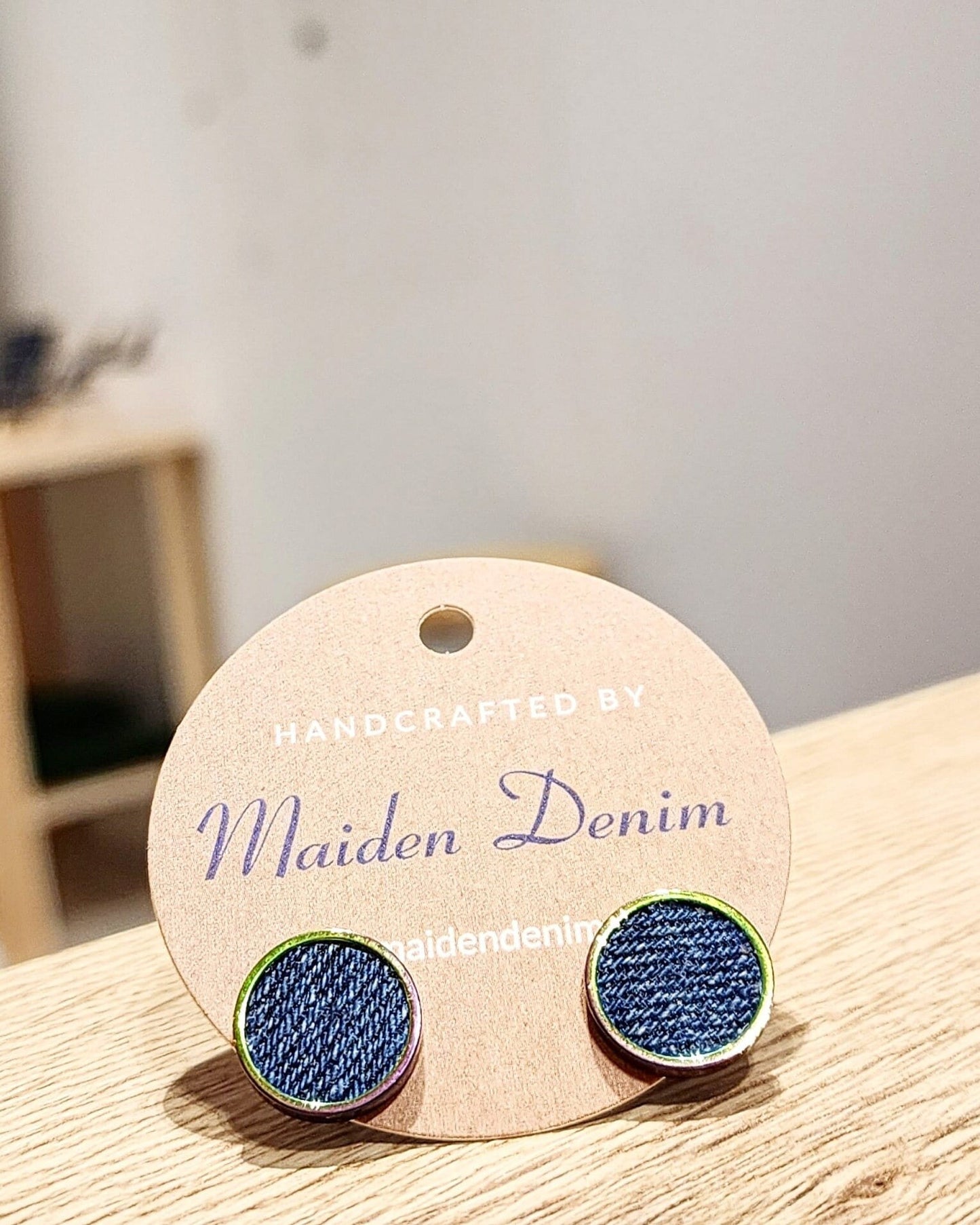 Denim Earrings- Bold Round 12mm Pendant Jean Stud