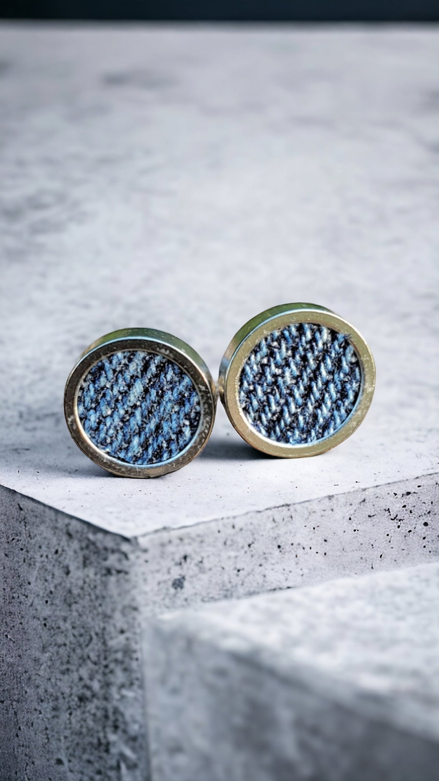 Denim Earrings- Bold Round 12mm Pendant Jean Stud