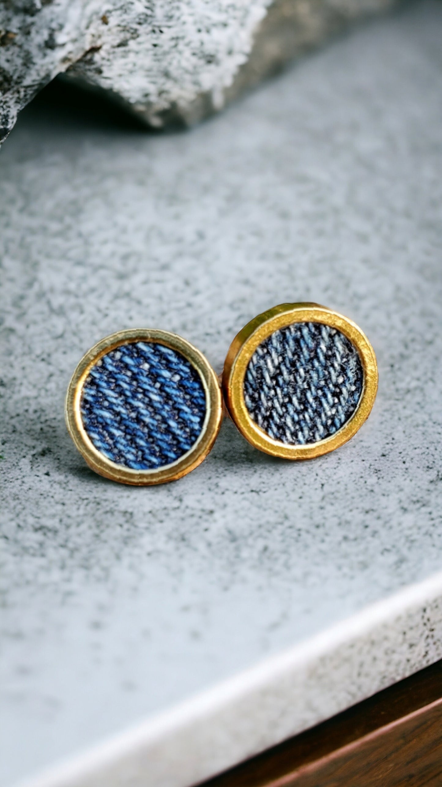 Denim Earrings- Bold Round 12mm Pendant Jean Stud