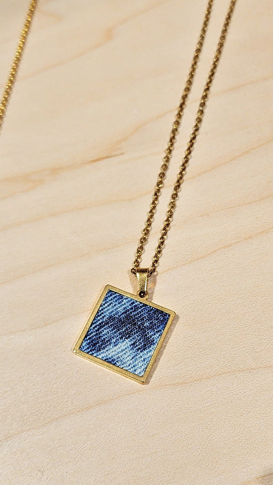 Denim Necklace- Stainless steel Gold Square acid wash Denim Pendant